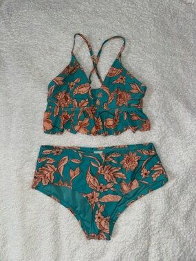 Teal Bikini with Peach Floral Print